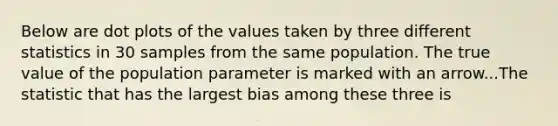 Below are dot plots of the values taken by three different statistics in 30 samples from the same population. The true value of the population parameter is marked with an arrow...The statistic that has the largest bias among these three is