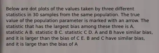 Below are dot plots of the values taken by three different statistics in 30 samples from the same population. The true value of the population parameter is marked with an arrow. The statistic that has the largest bias among these three is A. statistic A B. statistic B C. statistic C D. A and B have similar bias, and it is larger than the bias of C E. B and C have similar bias, and it is large than the bias of A