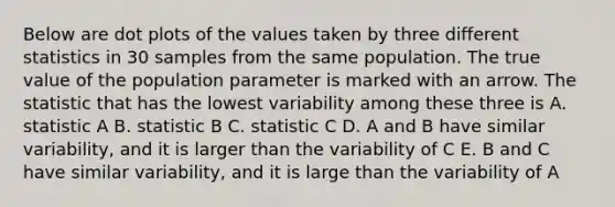 Below are dot plots of the values taken by three different statistics in 30 samples from the same population. The true value of the population parameter is marked with an arrow. The statistic that has the lowest variability among these three is A. statistic A B. statistic B C. statistic C D. A and B have similar variability, and it is larger than the variability of C E. B and C have similar variability, and it is large than the variability of A