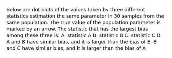 Below are <a href='https://www.questionai.com/knowledge/kjMSz3dOjW-dot-plot' class='anchor-knowledge'>dot plot</a>s of the values taken by three different statistics estimation the same parameter in 30 samples from the same population. The true value of the population parameter is marked by an arrow. The statistic that has the largest bias among these three is: A. statistic A B. statistic B C. statistic C D. A and B have similar bias, and it is larger than the bias of E. B and C have similar bias, and it is larger than the bias of A