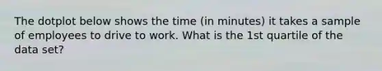 The dotplot below shows the time (in minutes) it takes a sample of employees to drive to work. What is the 1st quartile of the data set?