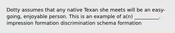 Dotty assumes that any native Texan she meets will be an easy-going, enjoyable person. This is an example of a(n) __________. impression formation discrimination schema formation