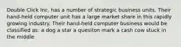 Double Click Inc. has a number of strategic business units. Their hand-held computer unit has a large market share in this rapidly growing industry. Their hand-held computer business would be classified as: a dog a star a quesiton mark a cash cow stuck in the middle