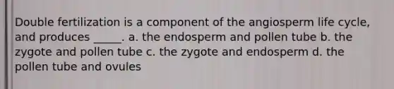 Double fertilization is a component of the angiosperm life cycle, and produces _____. a. the endosperm and pollen tube b. the zygote and pollen tube c. the zygote and endosperm d. the pollen tube and ovules