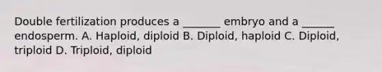 Double fertilization produces a _______ embryo and a ______ endosperm. A. Haploid, diploid B. Diploid, haploid C. Diploid, triploid D. Triploid, diploid