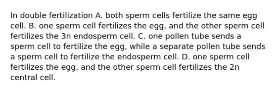 In double fertilization A. both sperm cells fertilize the same egg cell. B. one sperm cell fertilizes the egg, and the other sperm cell fertilizes the 3n endosperm cell. C. one pollen tube sends a sperm cell to fertilize the egg, while a separate pollen tube sends a sperm cell to fertilize the endosperm cell. D. one sperm cell fertilizes the egg, and the other sperm cell fertilizes the 2n central cell.