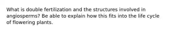 What is double fertilization and the structures involved in angiosperms? Be able to explain how this fits into the life cycle of flowering plants.