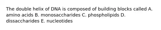 The double helix of DNA is composed of building blocks called A. amino acids B. monosaccharides C. phospholipids D. dissaccharides E. nucleotides