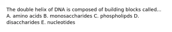 The double helix of DNA is composed of building blocks called... A. <a href='https://www.questionai.com/knowledge/k9gb720LCl-amino-acids' class='anchor-knowledge'>amino acids</a> B. monosaccharides C. phospholipds D. disaccharides E. nucleotides