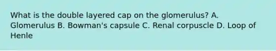 What is the double layered cap on the glomerulus? A. Glomerulus B. Bowman's capsule C. Renal corpuscle D. Loop of Henle