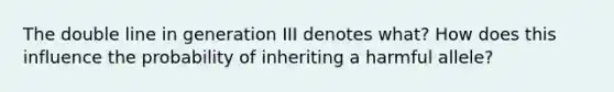 The double line in generation III denotes what? How does this influence the probability of inheriting a harmful allele?