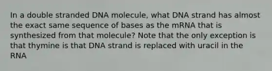 In a double stranded DNA molecule, what DNA strand has almost the exact same sequence of bases as the mRNA that is synthesized from that molecule? Note that the only exception is that thymine is that DNA strand is replaced with uracil in the RNA