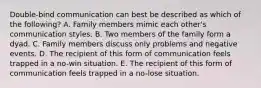 Double-bind communication can best be described as which of the following? A. Family members mimic each other's communication styles. B. Two members of the family form a dyad. C. Family members discuss only problems and negative events. D. The recipient of this form of communication feels trapped in a no-win situation. E. The recipient of this form of communication feels trapped in a no-lose situation.