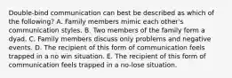 Double-bind communication can best be described as which of the following? A. Family members mimic each other's communication styles. B. Two members of the family form a dyad. C. Family members discuss only problems and negative events. D. The recipient of this form of communication feels trapped in a no win situation. E. The recipient of this form of communication feels trapped in a no-lose situation.