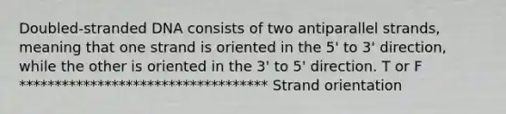 Doubled-stranded DNA consists of two antiparallel strands, meaning that one strand is oriented in the 5' to 3' direction, while the other is oriented in the 3' to 5' direction. T or F *********************************** Strand orientation