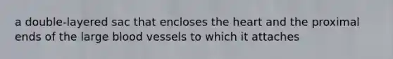 a double-layered sac that encloses the heart and the proximal ends of the large blood vessels to which it attaches