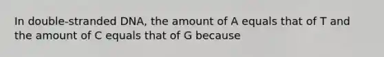 In double-stranded DNA, the amount of A equals that of T and the amount of C equals that of G because