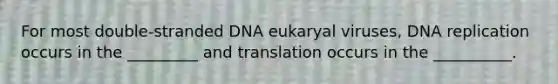 For most double-stranded DNA eukaryal viruses, <a href='https://www.questionai.com/knowledge/kofV2VQU2J-dna-replication' class='anchor-knowledge'>dna replication</a> occurs in the _________ and translation occurs in the __________.