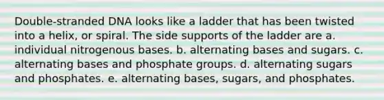 Double-stranded DNA looks like a ladder that has been twisted into a helix, or spiral. The side supports of the ladder are a. individual nitrogenous bases. b. alternating bases and sugars. c. alternating bases and phosphate groups. d. alternating sugars and phosphates. e. alternating bases, sugars, and phosphates.