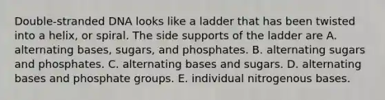 Double-stranded DNA looks like a ladder that has been twisted into a helix, or spiral. The side supports of the ladder are A. alternating bases, sugars, and phosphates. B. alternating sugars and phosphates. C. alternating bases and sugars. D. alternating bases and phosphate groups. E. individual nitrogenous bases.