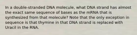 In a double-stranded DNA molecule, what DNA strand has almost the exact same sequence of bases as the mRNA that is synthesized from that molecule? Note that the only exception in sequence is that thymine in that DNA strand is replaced with Uracil in the RNA.