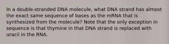 In a double-stranded DNA molecule, what DNA strand has almost the exact same sequence of bases as the mRNA that is synthesized from the molecule? Note that the only exception in sequence is that thymine in that DNA strand is replaced with uracil in the RNA.