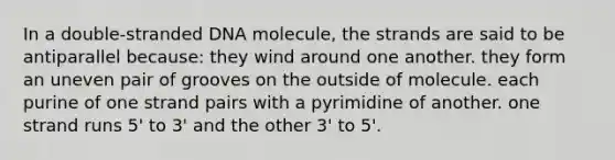 In a double-stranded DNA molecule, the strands are said to be antiparallel because: they wind around one another. they form an uneven pair of grooves on the outside of molecule. each purine of one strand pairs with a pyrimidine of another. one strand runs 5' to 3' and the other 3' to 5'.