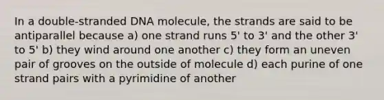 In a double-stranded DNA molecule, the strands are said to be antiparallel because a) one strand runs 5' to 3' and the other 3' to 5' b) they wind around one another c) they form an uneven pair of grooves on the outside of molecule d) each purine of one strand pairs with a pyrimidine of another