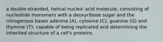 a double-stranded, helical nucleic acid molecule, consisting of nucleotide monomers with a deoxyribose sugar and the nitrogenous bases adenine (A), cytosine (C), guanine (G) and thymine (T); capable of being replicated and determining the inherited structure of a cell's proteins