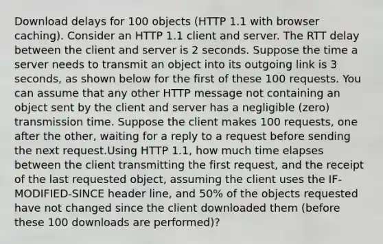 Download delays for 100 objects (HTTP 1.1 with browser caching). Consider an HTTP 1.1 client and server. The RTT delay between the client and server is 2 seconds. Suppose the time a server needs to transmit an object into its outgoing link is 3 seconds, as shown below for the first of these 100 requests. You can assume that any other HTTP message not containing an object sent by the client and server has a negligible (zero) transmission time. Suppose the client makes 100 requests, one after the other, waiting for a reply to a request before sending the next request.Using HTTP 1.1, how much time elapses between the client transmitting the first request, and the receipt of the last requested object, assuming the client uses the IF-MODIFIED-SINCE header line, and 50% of the objects requested have not changed since the client downloaded them (before these 100 downloads are performed)?