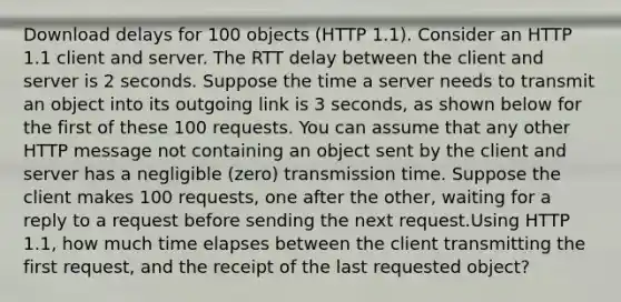 Download delays for 100 objects (HTTP 1.1). Consider an HTTP 1.1 client and server. The RTT delay between the client and server is 2 seconds. Suppose the time a server needs to transmit an object into its outgoing link is 3 seconds, as shown below for the first of these 100 requests. You can assume that any other HTTP message not containing an object sent by the client and server has a negligible (zero) transmission time. Suppose the client makes 100 requests, one after the other, waiting for a reply to a request before sending the next request.Using HTTP 1.1, how much time elapses between the client transmitting the first request, and the receipt of the last requested object?