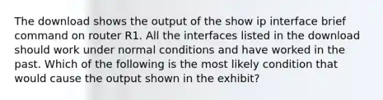 The download shows the output of the show ip interface brief command on router R1. All the interfaces listed in the download should work under normal conditions and have worked in the past. Which of the following is the most likely condition that would cause the output shown in the exhibit?