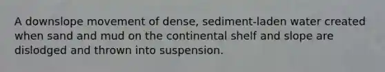 A downslope movement of dense, sediment-laden water created when sand and mud on the continental shelf and slope are dislodged and thrown into suspension.