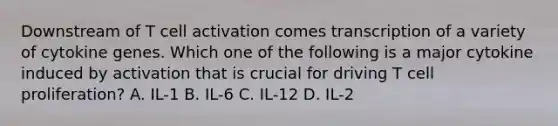 Downstream of T cell activation comes transcription of a variety of cytokine genes. Which one of the following is a major cytokine induced by activation that is crucial for driving T cell proliferation? A. IL-1 B. IL-6 C. IL-12 D. IL-2