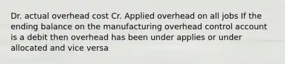 Dr. actual overhead cost Cr. Applied overhead on all jobs If the ending balance on the manufacturing overhead control account is a debit then overhead has been under applies or under allocated and vice versa