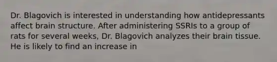 Dr. Blagovich is interested in understanding how antidepressants affect brain structure. After administering SSRIs to a group of rats for several weeks, Dr. Blagovich analyzes their brain tissue. He is likely to find an increase in