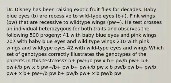 Dr. Disney has been raising exotic fruit flies for decades. Baby blue eyes (b) are recessive to wild-type eyes (b+). Pink wings (pw) that are recessive to wildtype wings (pw+). He test crosses an individual heterozygous for both traits and observes the following 500 progeny: 41 with baby blue eyes and pink wings 207 with baby blue eyes and wild-type wings 210 with pink wings and wildtype eyes 42 with wild-type eyes and wings Which set of genotypes correctly illustrates the genotypes of the parents in this testcross? b+ pw+/b pw x b+ pw/b pw+ b+ pw+/b pw x b pw+/b+ pw b+ pw+/b pw x b pw/b pw b+ pw/b pw+ x b+ pw+/b pw b+ pw/b pw+ x b pw/b pw