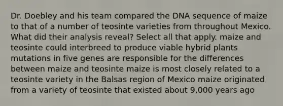 Dr. Doebley and his team compared the DNA sequence of maize to that of a number of teosinte varieties from throughout Mexico. What did their analysis reveal? Select all that apply. maize and teosinte could interbreed to produce viable hybrid plants mutations in five genes are responsible for the differences between maize and teosinte maize is most closely related to a teosinte variety in the Balsas region of Mexico maize originated from a variety of teosinte that existed about 9,000 years ago