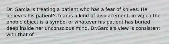 Dr. Garcia is treating a patient who has a fear of knives. He believes his patient's fear is a kind of displacement, in which the phobic object is a symbol of whatever his patient has buried deep inside her unconscious mind. Dr.Garcia's view is consistent with that of ___________.