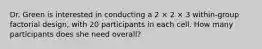 Dr. Green is interested in conducting a 2 × 2 × 3 within-group factorial design, with 20 participants in each cell. How many participants does she need overall?