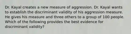 Dr. Kayal creates a new measure of aggression. Dr. Kayal wants to establish the discriminant validity of his aggression measure. He gives his measure and three others to a group of 100 people. Which of the following provides the best evidence for discriminant validity?