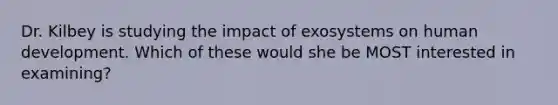 Dr. Kilbey is studying the impact of exosystems on human development. Which of these would she be MOST interested in examining?