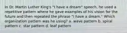 In Dr. Martin Luther King's "I have a dream" speech, he used a repetitive pattern where he gave examples of his vision for the future and then repeated the phrase "I have a dream." Which organization pattern was he using? a. wave pattern b. spiral pattern c. star pattern d. leaf pattern