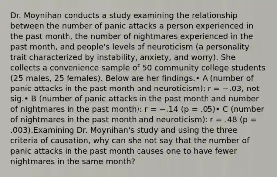 Dr. Moynihan conducts a study examining the relationship between the number of panic attacks a person experienced in the past month, the number of nightmares experienced in the past month, and people's levels of neuroticism (a personality trait characterized by instability, anxiety, and worry). She collects a convenience sample of 50 community college students (25 males, 25 females). Below are her findings.• A (number of panic attacks in the past month and neuroticism): r = −.03, not sig.• B (number of panic attacks in the past month and number of nightmares in the past month): r = −.14 (p = .05)• C (number of nightmares in the past month and neuroticism): r = .48 (p = .003).Examining Dr. Moynihan's study and using the three criteria of causation, why can she not say that the number of panic attacks in the past month causes one to have fewer nightmares in the same month?