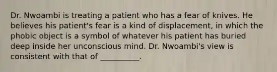 Dr. Nwoambi is treating a patient who has a fear of knives. He believes his patient's fear is a kind of displacement, in which the phobic object is a symbol of whatever his patient has buried deep inside her unconscious mind. Dr. Nwoambi's view is consistent with that of __________.