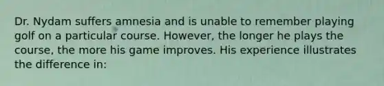 Dr. Nydam suffers amnesia and is unable to remember playing golf on a particular course. However, the longer he plays the course, the more his game improves. His experience illustrates the difference in: