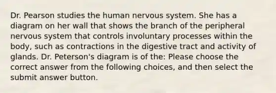 Dr. Pearson studies the human nervous system. She has a diagram on her wall that shows the branch of the peripheral nervous system that controls involuntary processes within the body, such as contractions in the digestive tract and activity of glands. Dr. Peterson's diagram is of the: Please choose the correct answer from the following choices, and then select the submit answer button.