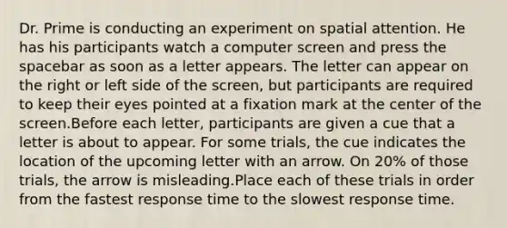 Dr. Prime is conducting an experiment on spatial attention. He has his participants watch a computer screen and press the spacebar as soon as a letter appears. The letter can appear on the right or left side of the screen, but participants are required to keep their eyes pointed at a fixation mark at the center of the screen.Before each letter, participants are given a cue that a letter is about to appear. For some trials, the cue indicates the location of the upcoming letter with an arrow. On 20% of those trials, the arrow is misleading.Place each of these trials in order from the fastest response time to the slowest response time.