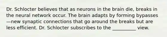 Dr. Schlocter believes that as neurons in the brain die, breaks in the neural network occur. The brain adapts by forming bypasses—new synaptic connections that go around the breaks but are less efficient. Dr. Schlocter subscribes to the __________ view.