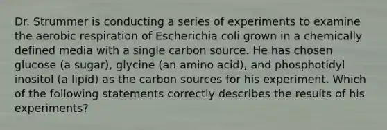 Dr. Strummer is conducting a series of experiments to examine the aerobic respiration of Escherichia coli grown in a chemically defined media with a single carbon source. He has chosen glucose (a sugar), glycine (an amino acid), and phosphotidyl inositol (a lipid) as the carbon sources for his experiment. Which of the following statements correctly describes the results of his experiments?